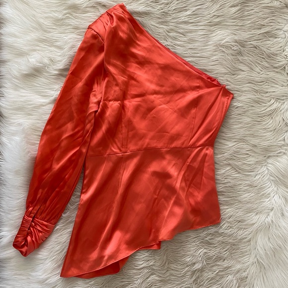 Cinq a Sept Neon Coral Satin Silk One Shoulder Stace Shirt Asymmetrical Blouse - Picture 9 of 14